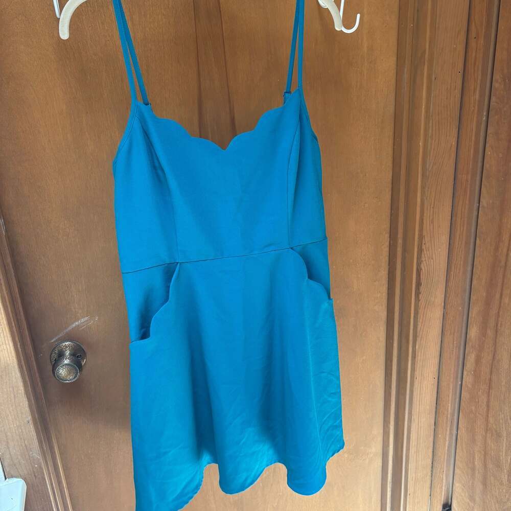 Market & Spruce Stitch Fix Teal Scallop Neck Mini Dress Large Pockets